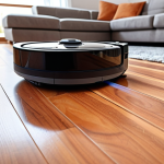 ** A robot vacuum cleaner efficiently cleaning hardwood floors in a modern living room. The robot should be navigating around furniture.

**