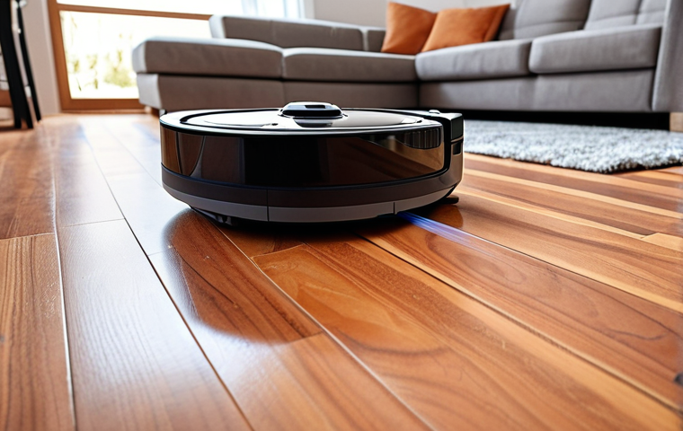 ** A robot vacuum cleaner efficiently cleaning hardwood floors in a modern living room. The robot should be navigating around furniture.

**