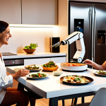 **Prompt:** A futuristic kitchen scene. A sleek, modern kitchen with a robotic arm delicately plating a gourmet meal. In the background, a family enjoys the meal, laughing and conversing. Soft, warm lighting. Polish family. Focus on the meal's presentation and the seamless integration of the robot into the home.