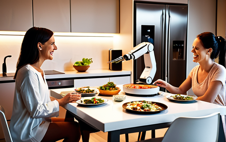 **Prompt:** A futuristic kitchen scene. A sleek, modern kitchen with a robotic arm delicately plating a gourmet meal. In the background, a family enjoys the meal, laughing and conversing. Soft, warm lighting. Polish family. Focus on the meal's presentation and the seamless integration of the robot into the home.
