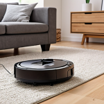 **

A clean and modern living room scene. A robotic vacuum cleaner is autonomously navigating around furniture. In the background, a person is relaxing on a sofa, reading a book, highlighting the convenience and free time gained from using a robot vacuum. Emphasize a sense of domestic bliss and a tidy home environment.

**