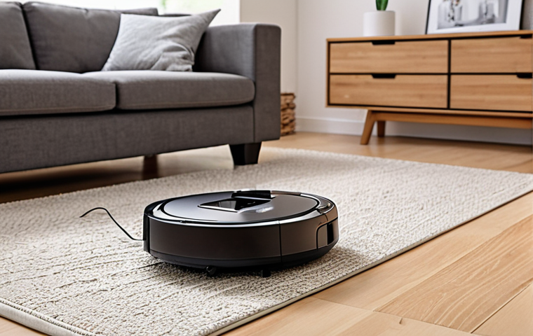 **
A clean and modern living room scene. A robotic vacuum cleaner is autonomously navigating around furniture. In the background, a person is relaxing on a sofa, reading a book, highlighting the convenience and free time gained from using a robot vacuum. Emphasize a sense of domestic bliss and a tidy home environment.
**